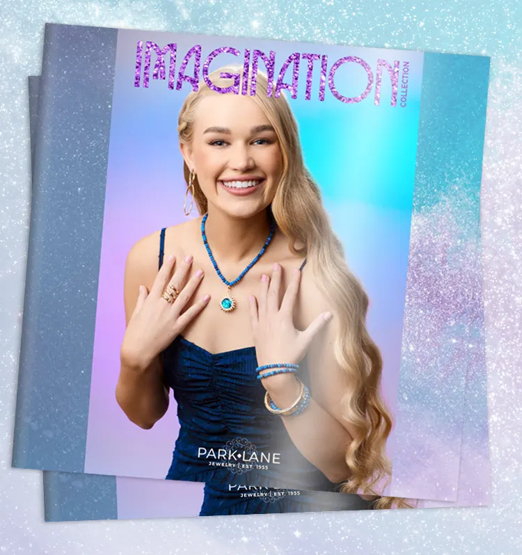 Catalog Cover for the Imagination collection, Woman in dark blue dress, wearing bright blue beaded jewelry from the collection